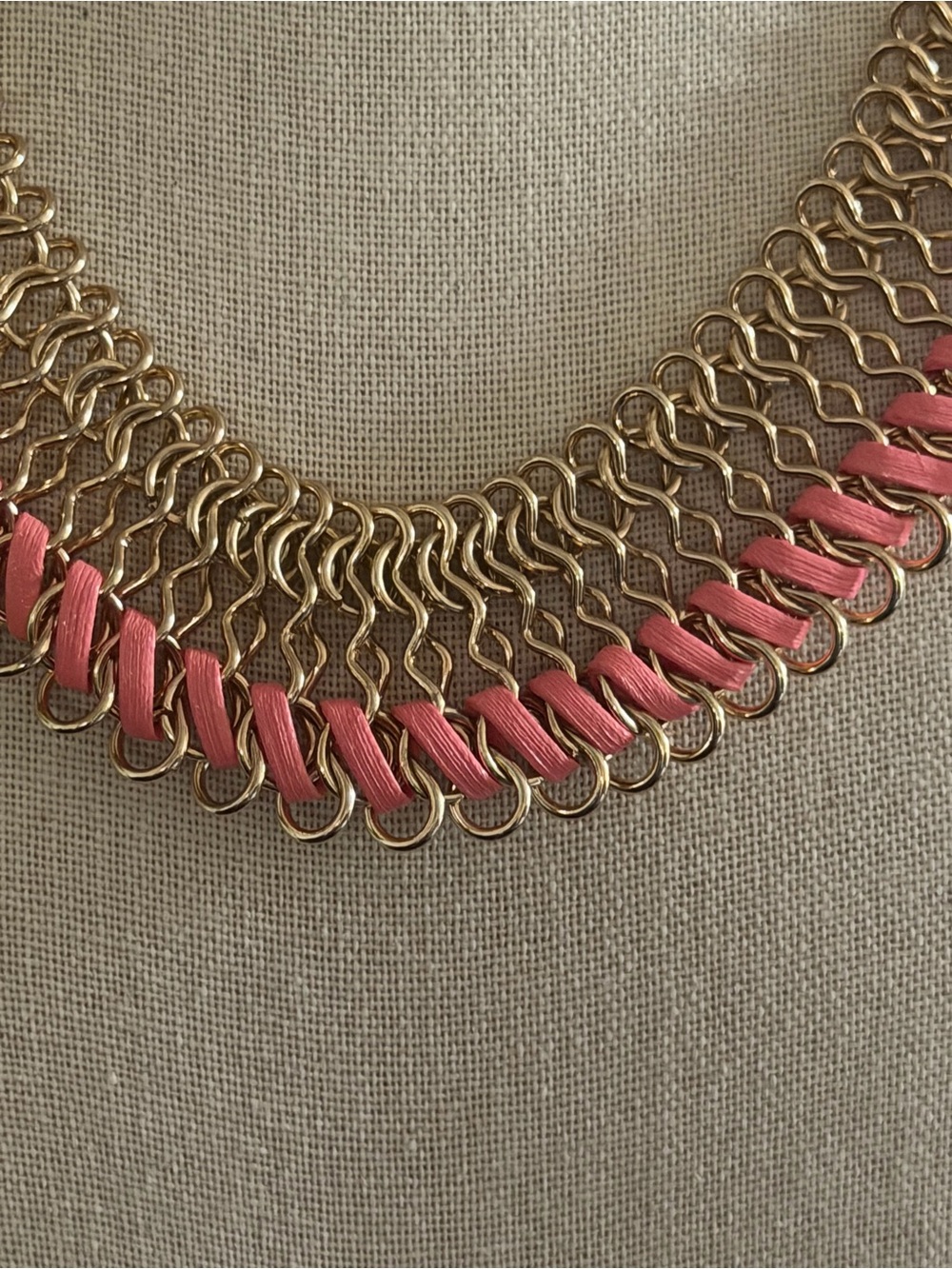 Vintage Gold & Pink Leather Ribbon Braided Collar Bib Statement Necklace - Picture 2 of 4